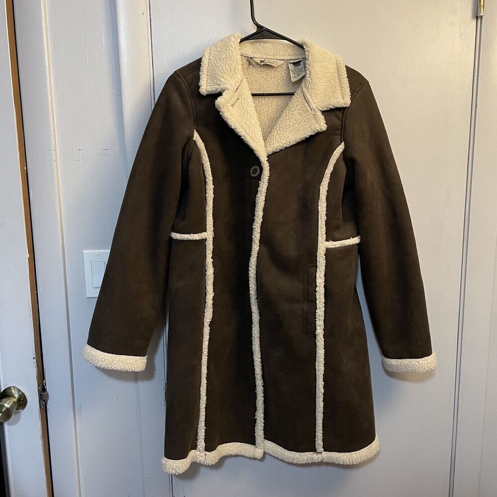 LL Bean Jacket Womens Small Brown Faux Suede Sherpa Lined Fleece Coat Button
